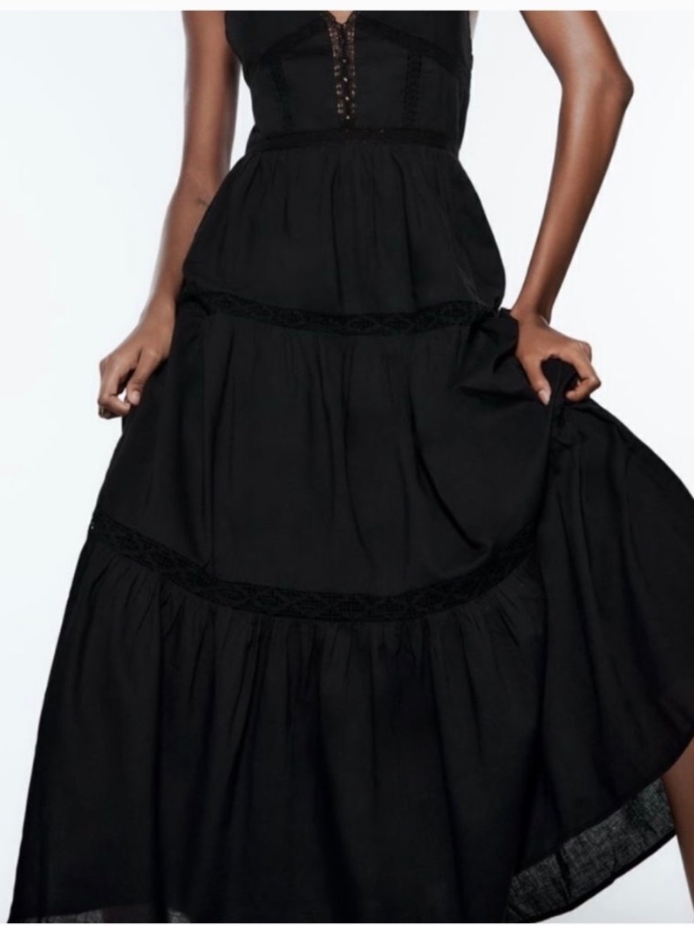 Like New Zara Black Tiered Embroidered Maxi Dress Criss-cross straps - Picture 2 of 4